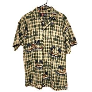 Chaps Ralph Lauren Button Up Hawaiian Style Shirt Linen Blend Green Blue Mens L